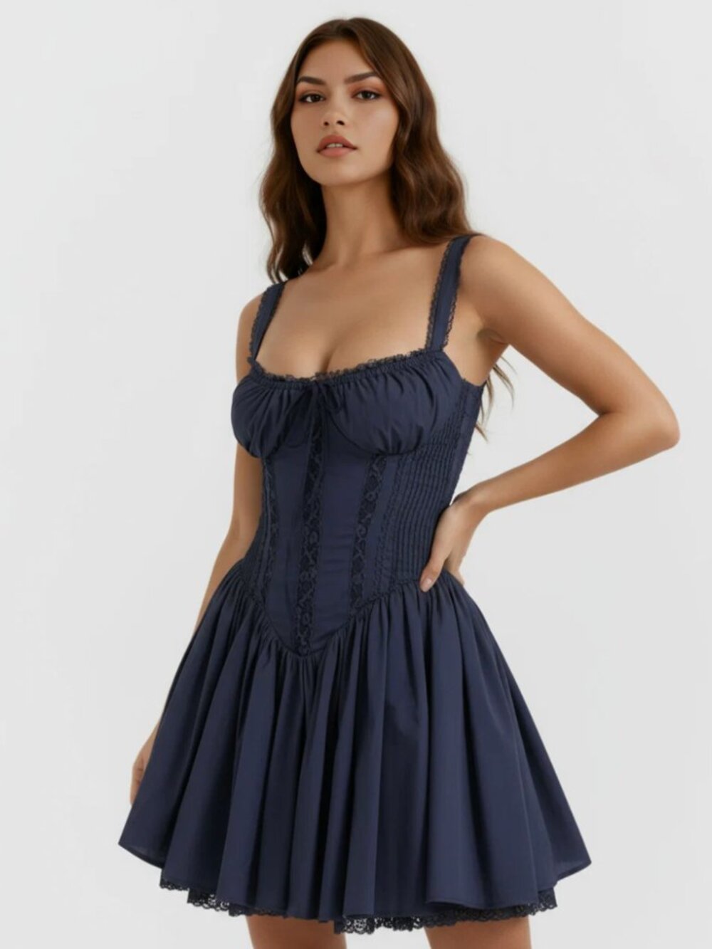 Dark Blue Corset Mini Dress with Lace Details, NWT Sz M